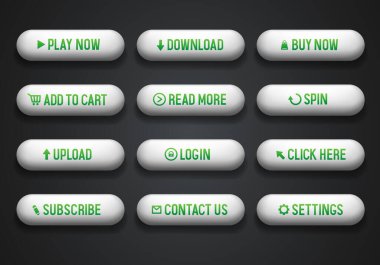 Web sitesi için yeşil düğmeler. Siyah arkaplanda izole edilmiş 3D vektör düğmeleri kümesi.