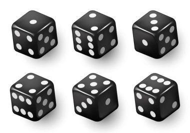 Siyah noktalı siyah zarlar. Vektör seti beyaz arkaplanda izole edildi. 3d zar.