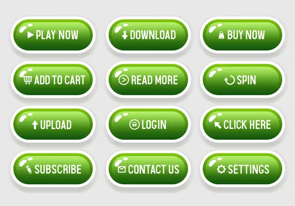 Web sitesi için yeşil düğmeler. Siyah arkaplanda izole edilmiş 3D vektör düğmeleri kümesi.