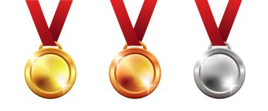 Altın, gümüş ve bronz madalyalar. Ödüllendirilmek için madalyalar. Vektör ortamı.