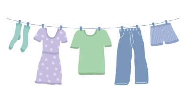 Giysiler dışarıda çamaşır ipine asılı. Kuru giysiler. Vektör düz resimleme.