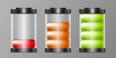 Bataryalar hazır. Şarjlı ve boşaltılmış cam piller. Gri arkaplanda 3d vektör dağılımı izole edildi.