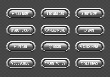 Metal çerçevedeki cam düğmeler. Şeffaf arkaplanda izole edilmiş büyük vektör düğmeleri kümesi.