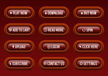 Kahverengi çerçeveli kırmızı ahşap düğmeler. Web sitesi için düğmeler. Vektör seti.