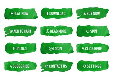 Web tasarımı için suluboya yeşil düğmeler. Büyük vektör düğmeleri kümesi.