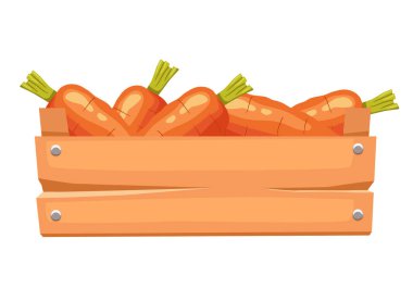 Havuçlu tahta kutu. Beyaz arkaplanda vektör ortamı izole edildi.