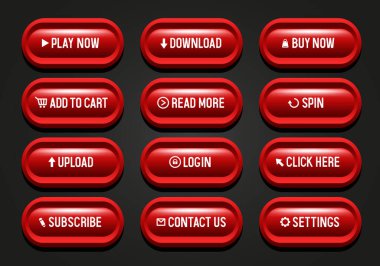 Web tasarımı için düğmeler. Siyah çerçeveli kırmızı çizgili düğmeler. 3B vektör düğmeleri kümesi.