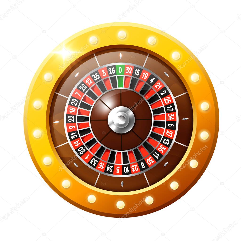 Roulette wheel in a gold frame with light bulbs. Vector 3D illustration isolated on white background.