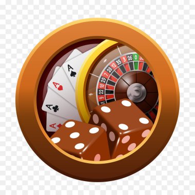 Kumarhane kavramı. İçinde oyun kartları ve rulet olan kahverengi çerçeve. Vektör ortamı.