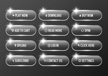 Metal çerçevedeki cam düğmeler. Şeffaf arkaplanda izole edilmiş büyük vektör düğmeleri kümesi.