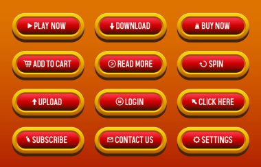 Web siteleri için düğmeler. Sarı çerçevedeki kırmızı düğmeler. Web tasarımı için büyük vektör düğmeleri kümesi.