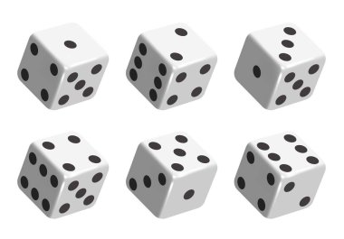 Siyah noktalı beyaz zarlar. Vektör seti beyaz arkaplanda izole edildi. 3d zar.