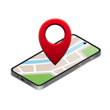 Akıllı telefondan şehir haritası. Beyaz arkaplanda izole edilmiş vektör 3B ortamı.