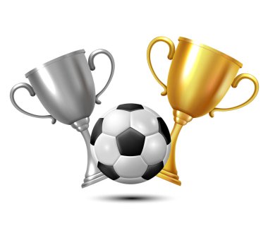 Altın kupa, gümüş kupa ve futbol topu. Beyaz arkaplanda izole edilmiş vektör 3B ortamı.