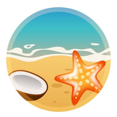 Yaz manzarası. Palmiye ağacı, sahil ve hindistan cevizi. Vektör illüstrasyonu.