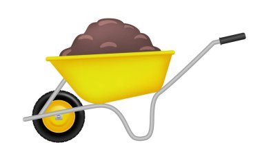 Bahçe arabası ve gübre. Sarı bahçe el arabası, vektör yelkeni beyaz arkaplan üzerinde izole.