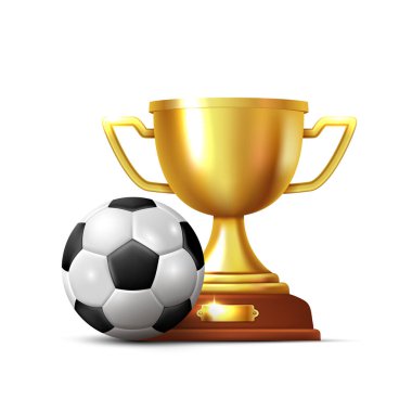 Altın kupa ve futbol topu. Beyaz arkaplanda izole edilmiş vektör 3B ortamı.