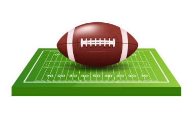 Amerikan futbol sahası ve topu. Yan görüş. Vektör 3d illüstrasyon. 