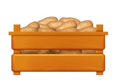Tahta kutu ve patates. Beyaz arkaplanda vektör ortamı izole edildi.