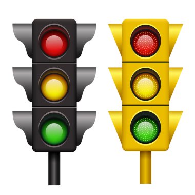 Trafik ışığı ayarlandı. Gerçekçi 3 boyutlu trafik ışığı. Siyah trafik ışıkları. Vektör ortamı.