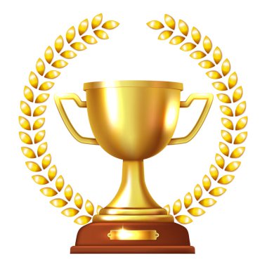 Altın çelenkli altın kupa. Vektör 3d clipart.