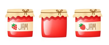 Ahududu ve çilek reçelli cam kavanozlar. Vektör ortamı.