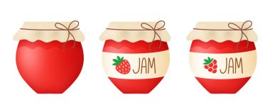 Ahududu ve çilek reçelli cam kavanozlar. Vektör ortamı.