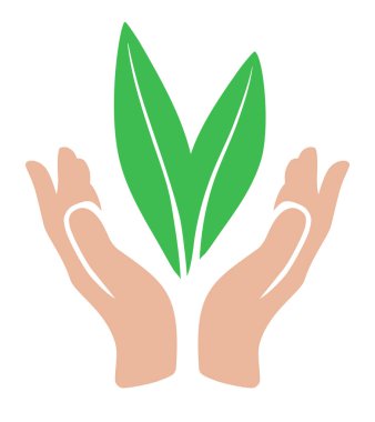 Çevre koruma ikonu. Yeşil yapraklar ellerinde. Beyaz arkaplanda vektör simgesi izole edildi.