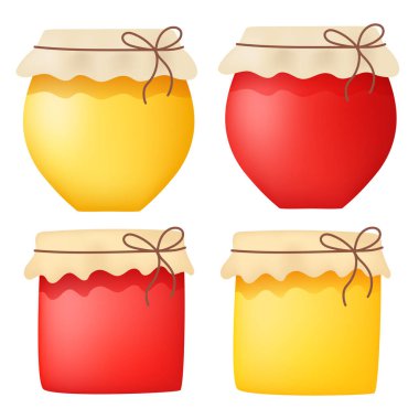 Ballı ve reçelli kavanoz. Ahududu veya çilek reçeli, tatlım. Bir kavanoz bal ve reçel. Beyaz arkaplanda vektör ortamı izole edildi.