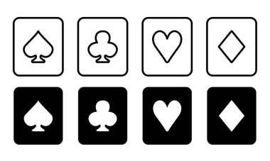 Farklı takım elbiselerden oluşan bir iskambil takımı. Beyaz arkaplanda izole edilmiş siyah vektör simgeleri kümesi.