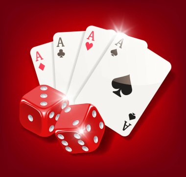 Casino illüstrasyonu. İskambil fanı ve iki kırmızı zar. Kırmızı arkaplanda vektör illüstrasyonu izole edildi.