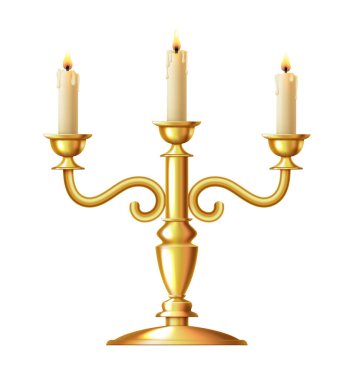 Üç kollu şamdan. Altın şamdan. Candelabrum. Beyaz arkaplanda 3d vektör dağılımı izole edildi.