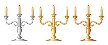 Üç kollu şamdan. Gümüş, altın ve bronz şamdanlar. Beyaz arkaplanda 3d vektör dağılımı izole edildi.
