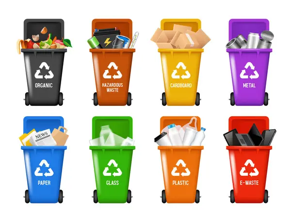 Çöp bidonları. Farklı çöp türleri için konteynırlar. Farklı renkte kaplar. 3B vektör çizimleri kümesi