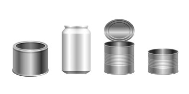 Konteynır ayarlandı. İçecekler ve yiyecekler için teneke kutular. Vektör 3B kümesi