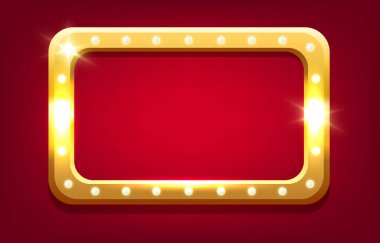 Kırmızı arka planda ampulleri olan altın çerçeve. Vektör illüstrasyonu.
