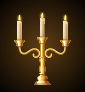 Üç kollu şamdan. Altın şamdan. Candelabrum. Siyah arkaplanda izole edilmiş 3d vektörü.