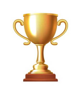 Tahta tezgahta altın bir kadeh. Vektör 3d clipart.