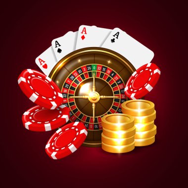 Casino illüstrasyonu. Kumarhane ve kumarhane temalı 3 boyutlu elementler.