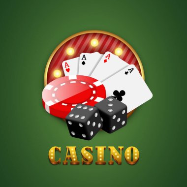 Kumarhane kavramı. Kumarhane ve kumar teması üzerine kompozisyon. Üç boyutlu logolar. Vektör ortamı yeşil arkaplanda izole edildi.