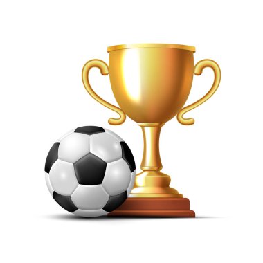 Altın kupa ve futbol topu. Beyaz arkaplanda izole edilmiş vektör 3B ortamı.