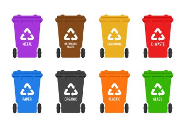 Çöp bidonları. Farklı çöp türleri için konteynırlar. Farklı renkte kaplar. Vektör çizimleri kümesi