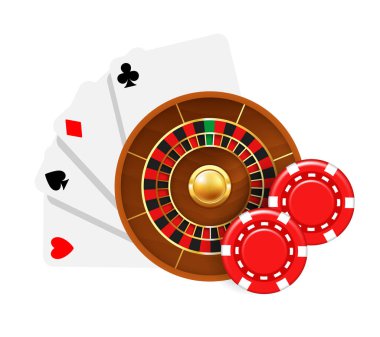 Casino illüstrasyonu. Rulet, kartlar ve zarlar. Beyaz arkaplanda izole edilmiş vektör bileşimi.