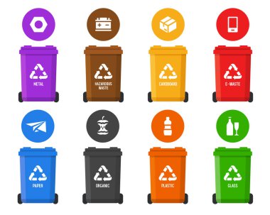Çöp bidonları. Farklı çöp türleri için konteynırlar. Farklı renkte kaplar. Vektör Ayarları