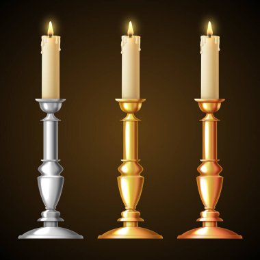 Bir mum için şamdan. Altın, gümüş ve bronz şamdanlar. Vektör 3 Boyutlu Clipart.
