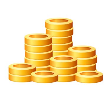 Altın para yığını. 3D altın sikke seti. Beyaz arkaplanda vektör ortamı izole edildi.