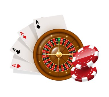 Casino illüstrasyonu. Rulet, kartlar ve fişler. Beyaz arkaplanda izole edilmiş vektör bileşimi.