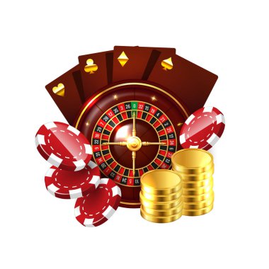 Casino illüstrasyonu. Kumarhane ve kumarhane temalı 3 boyutlu elementler.