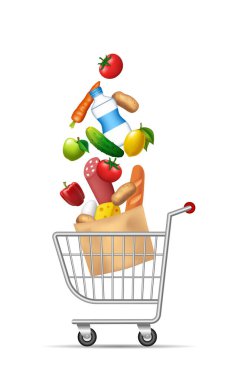 Market arabası. Vektör 3 boyutlu illüstrasyon beyaz arkaplanda izole edildi.