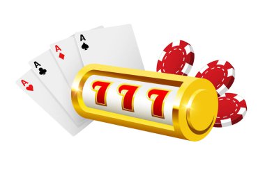 Casino illüstrasyonu. Kumar makinesi, kartlar ve kırmızı çipler. Vektör illüstrasyonu beyaz arkaplanda izole edildi.